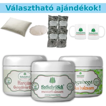 1 Hargitai Gyógyfüves Elixír – 1 Székelyföldi Mesterbalzsam – 1 Magashegyi ÁRNIKA Balzsam 250ml/db + 1 Választható ajándék