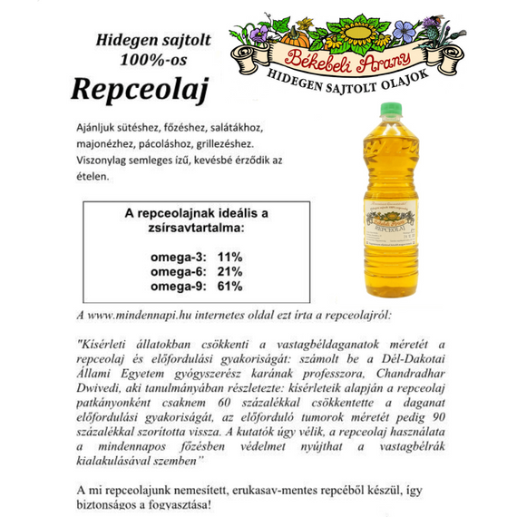 Hidegen sajtolt 100%-os Repceolaj 1L