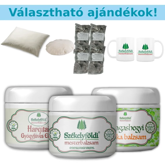 1 Hargitai Gyógyfüves Elixír – 1 Székelyföldi Mesterbalzsam – 1 Magashegyi ÁRNIKA Balzsam 250ml/db + 1 Választható ajándék